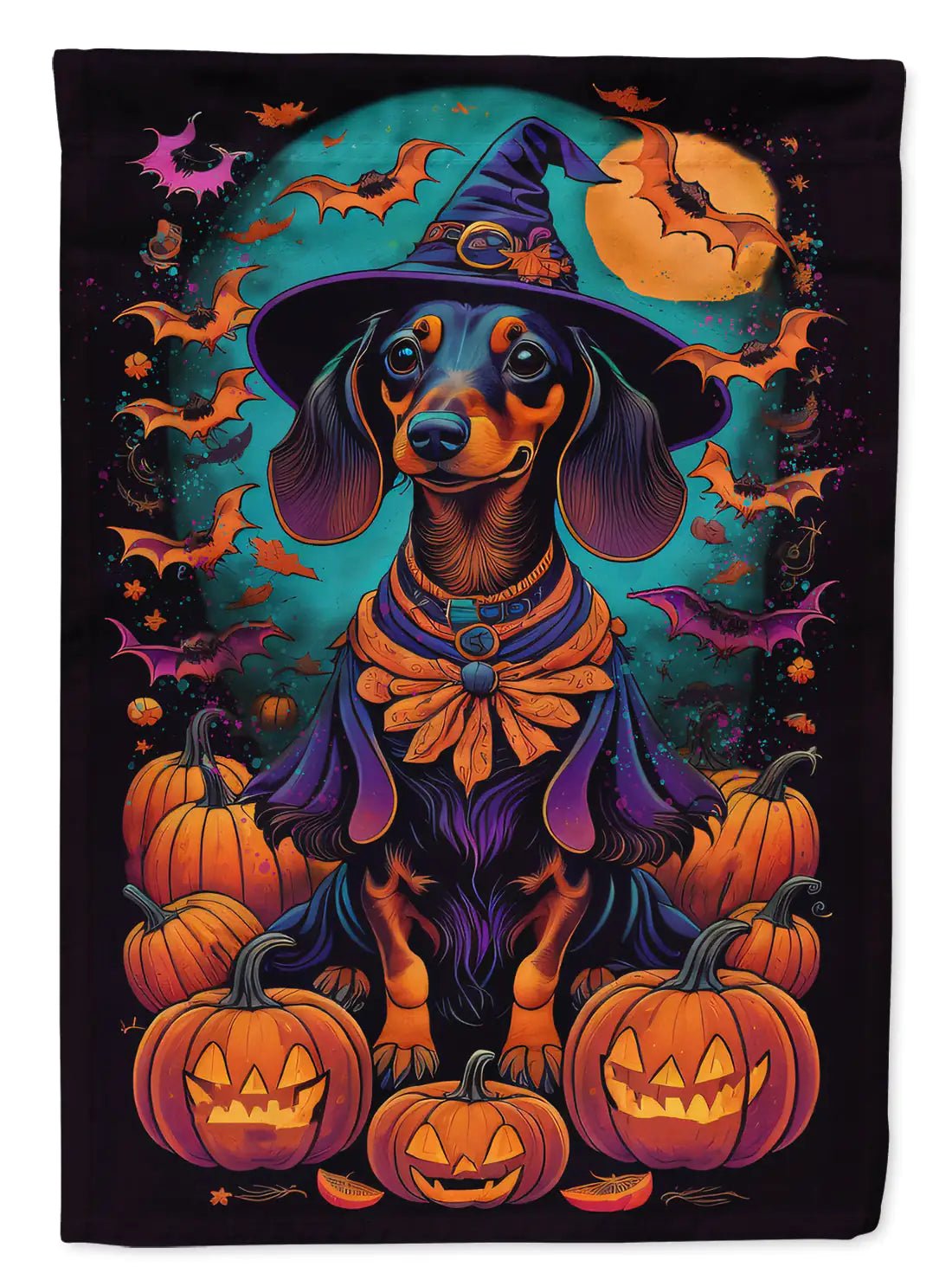 Black and Tan Dachshund Witchy Halloween House Flag - Penelope Wigglebum's