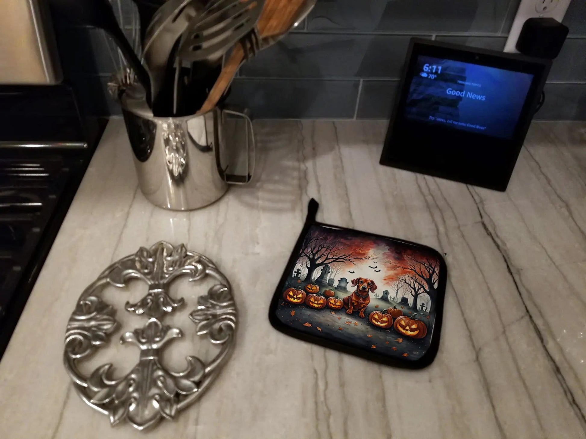 Dachshund Spooky Halloween Pair of Pot Holders - Penelope Wigglebum's