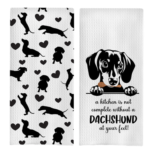  Dachshund Dish Towels Set featuring a peeking dachshund 16x24 Set of 2 - Penelope Wigglebum's