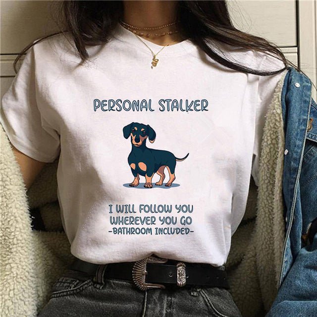 Personal Stalker Dachshund Print Women's Summer T-shirt - Penelope Wigglebum's