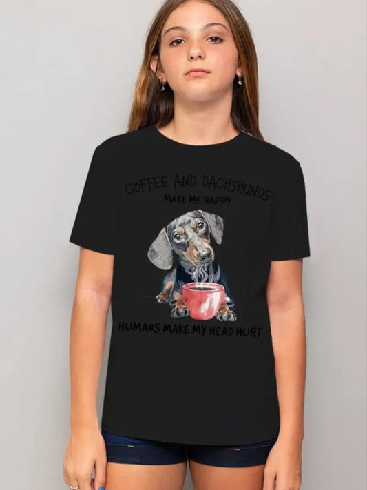 Youth Cartoon Dachshund Print T-Shirt,Crew Neck Sports Tee, Regular Fit Knit Top - Penelope Wigglebum's